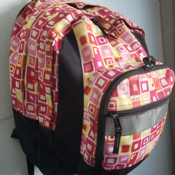 LL BEAN abstract design Backpack pink red yellow white black reflective strip + - Picture 6 of 11